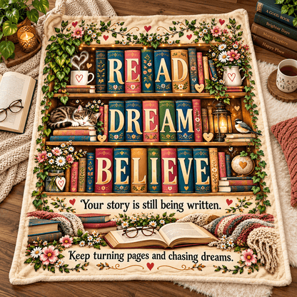 Read Dream Believe Book Lover Blanket – Inspirational Reading Gift – Cozy Plush Fleece – 50"×60"