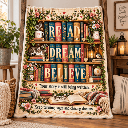 Read Dream Believe Book Lover Blanket – Inspirational Reading Gift – Cozy Plush Fleece – 50"×60"