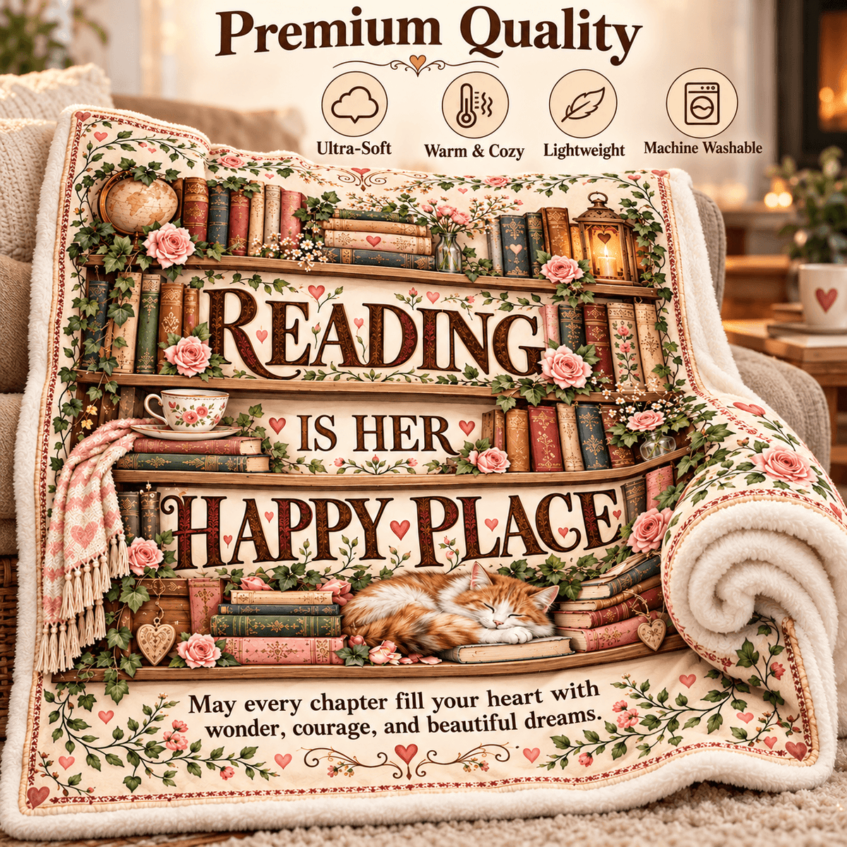 Reading Is Her Happy Place Blanket – Book Lover Cozy Plush Fleece Gift – 50"×60"