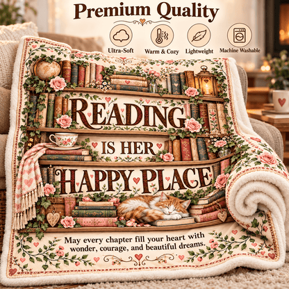 Reading Is Her Happy Place Blanket – Book Lover Cozy Plush Fleece Gift – 50"×60"
