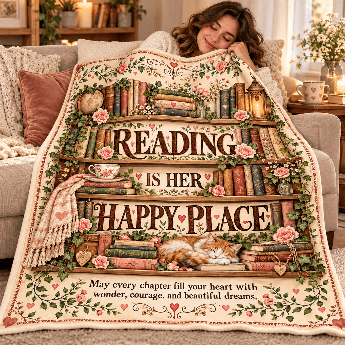 Reading Is Her Happy Place Blanket – Book Lover Cozy Plush Fleece Gift – 50"×60"