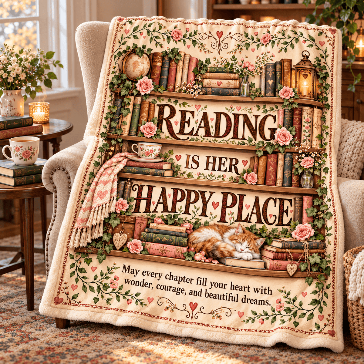 Reading Is Her Happy Place Blanket – Book Lover Cozy Plush Fleece Gift – 50"×60"