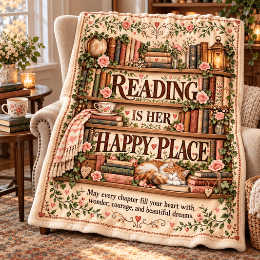 Reading Is Her Happy Place Blanket – Book Lover Cozy Plush Fleece Gift – 50"×60"