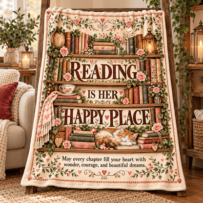 Reading Is Her Happy Place Blanket – Book Lover Cozy Plush Fleece Gift – 50"×60"