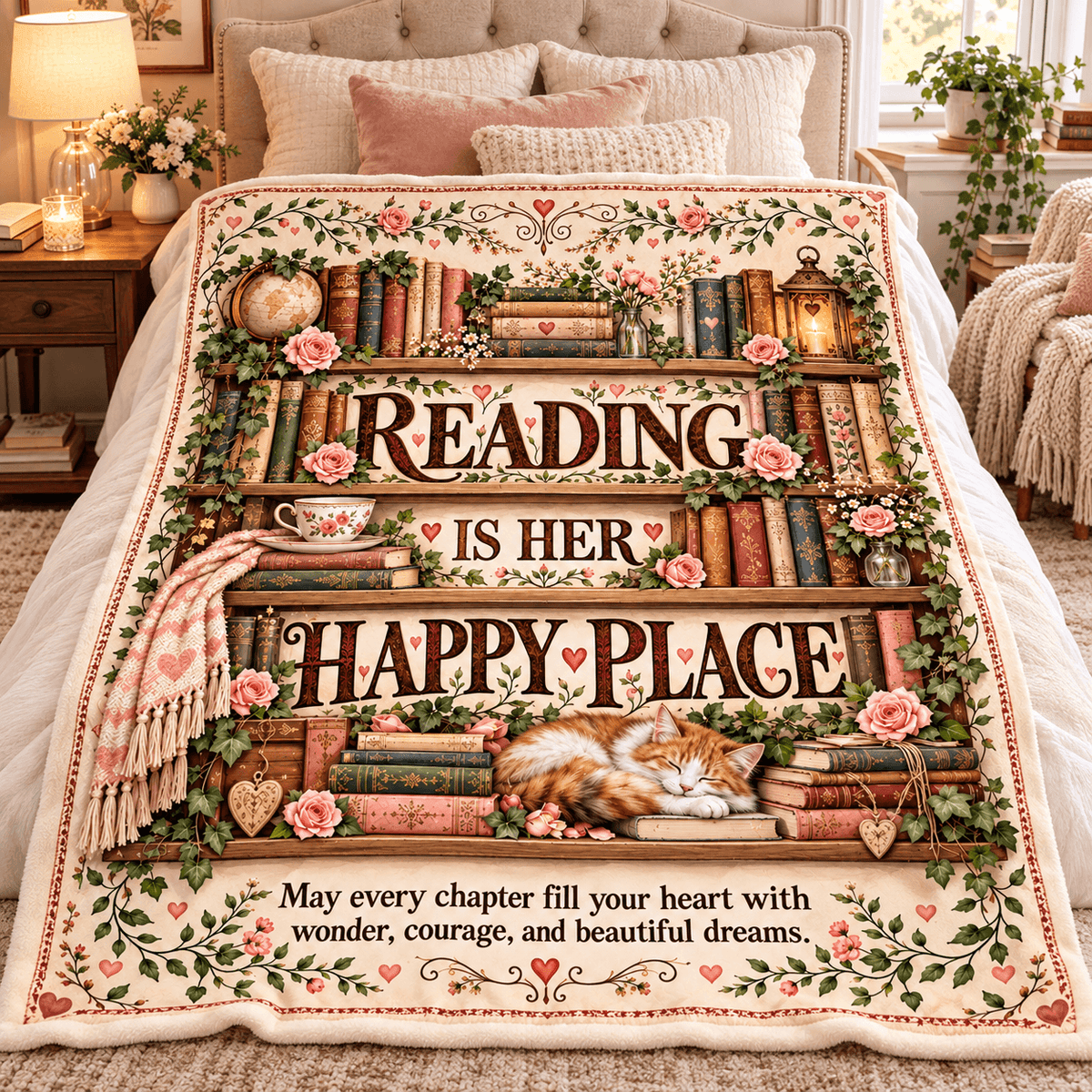 Reading Is Her Happy Place Blanket – Book Lover Cozy Plush Fleece Gift – 50"×60"