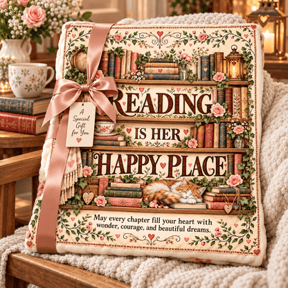 Reading Is Her Happy Place Blanket – Book Lover Cozy Plush Fleece Gift – 50"×60"