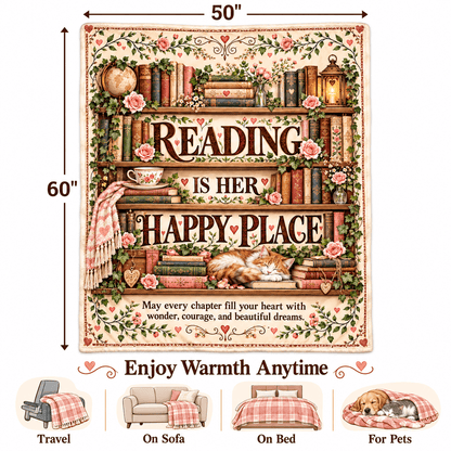 Reading Is Her Happy Place Blanket – Book Lover Cozy Plush Fleece Gift – 50"×60"