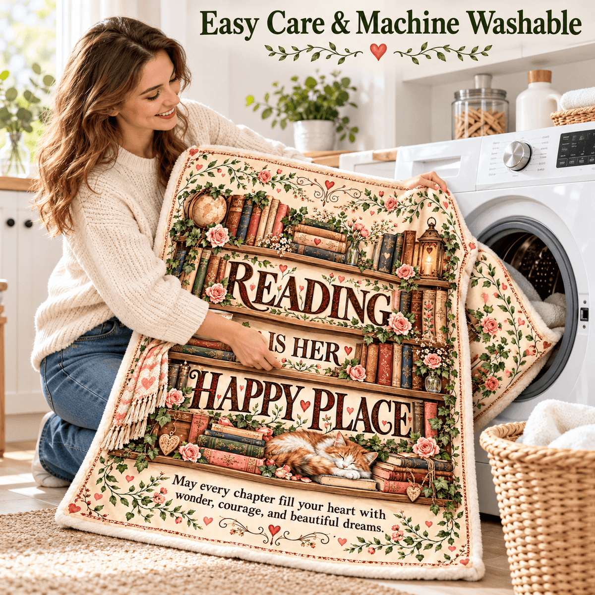 Reading Is Her Happy Place Blanket – Book Lover Cozy Plush Fleece Gift – 50"×60"