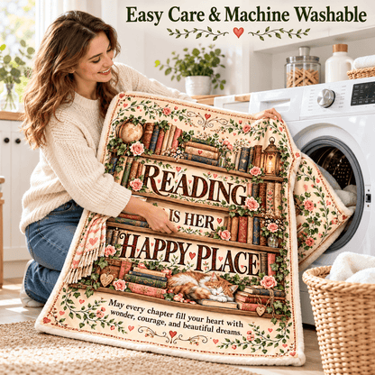 Reading Is Her Happy Place Blanket – Book Lover Cozy Plush Fleece Gift – 50"×60"