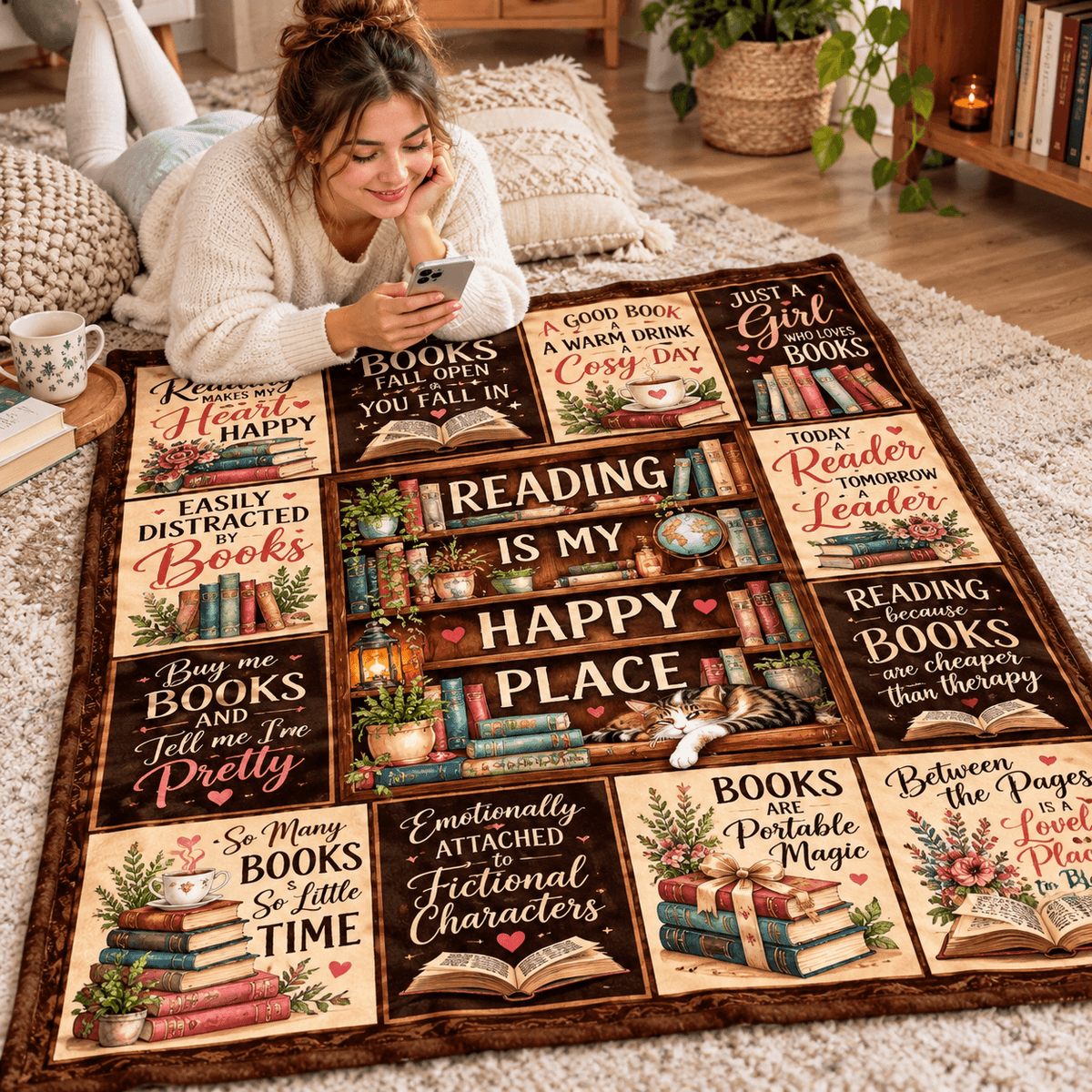 Reading Is My Happy Place Book Lover Blanket – Cozy Reading Gift for Women & Daughters – 50