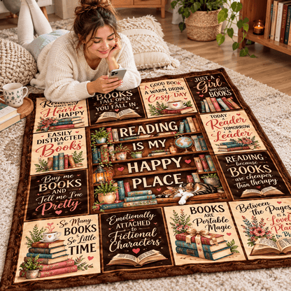 Reading Is My Happy Place Book Lover Blanket – Cozy Reading Gift for Women & Daughters – 50