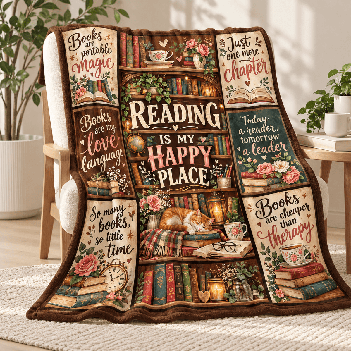 Reading Is My Happy Place Book Lover Blanket - Vintage Bookshelf Cozy Plush Fleece Gift – 50"×60"