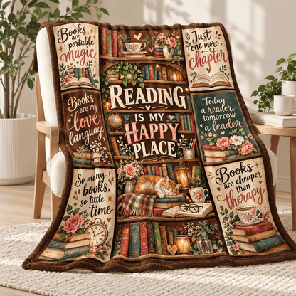 Reading Is My Happy Place Book Lover Blanket - Vintage Bookshelf Cozy Plush Fleece Gift – 50"×60"