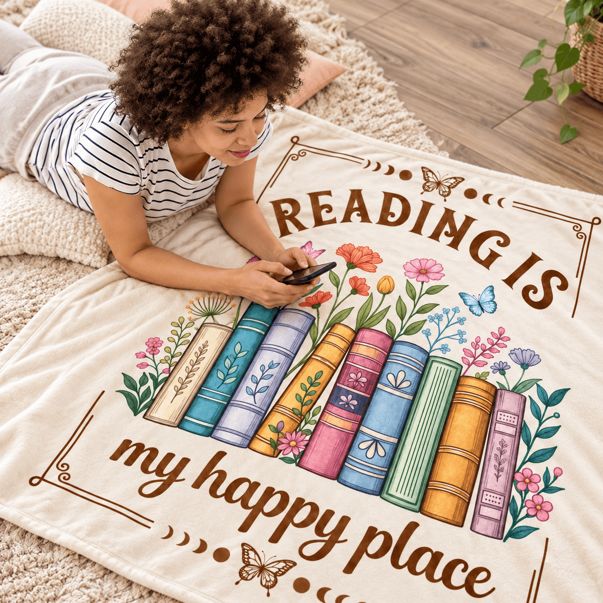 Reading Is My Happy Place Book Lover Blanket – Floral Reading Gift for Women & Daughters – 50"×60"