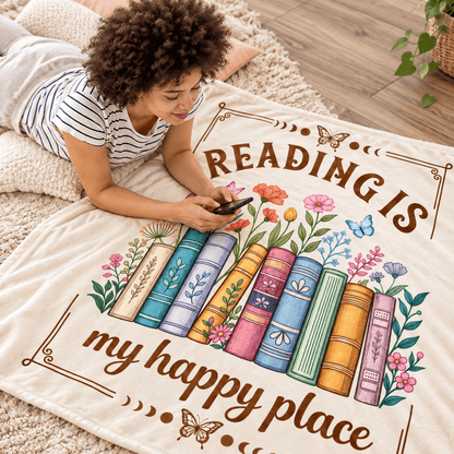 Reading Is My Happy Place Book Lover Blanket – Floral Reading Gift for Women & Daughters – 50"×60"