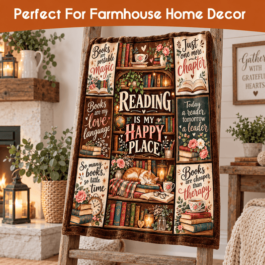 Reading Is My Happy Place Book Lover Blanket - Vintage Bookshelf Cozy Plush Fleece Gift – 50"×60"