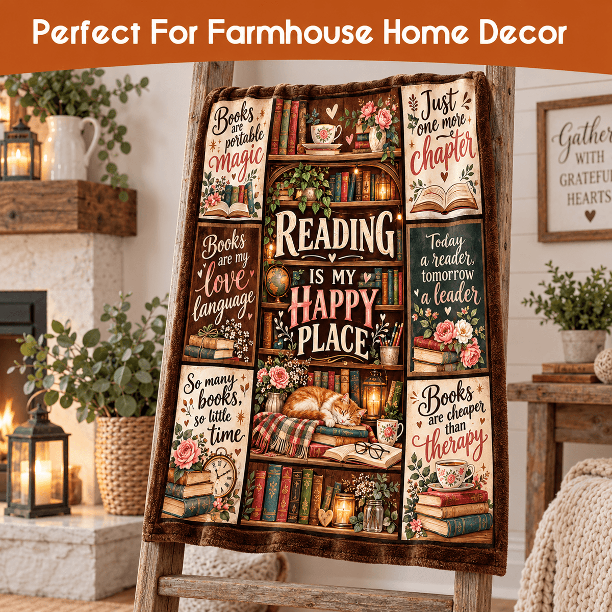 Reading Is My Happy Place Book Lover Blanket - Vintage Bookshelf Cozy Plush Fleece Gift – 50"×60"