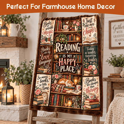 Reading Is My Happy Place Book Lover Blanket - Vintage Bookshelf Cozy Plush Fleece Gift – 50"×60"