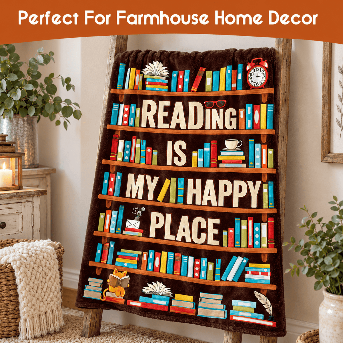 Reading Is My Happy Place Book Lover Blanket – Cozy Reading Gift for Women & Daughters –  50"×60"