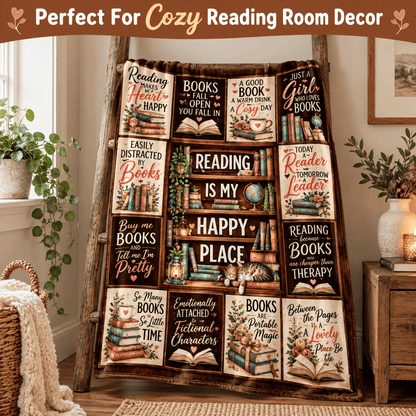 Reading Is My Happy Place Book Lover Blanket – Cozy Reading Gift for Women & Daughters – 50