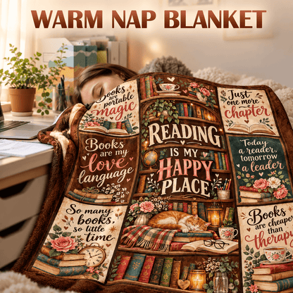 Reading Is My Happy Place Book Lover Blanket - Vintage Bookshelf Cozy Plush Fleece Gift – 50"×60"