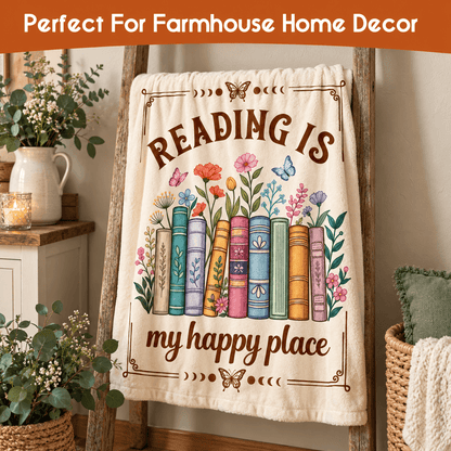 Reading Is My Happy Place Book Lover Blanket – Floral Reading Gift for Women & Daughters – 50"×60"