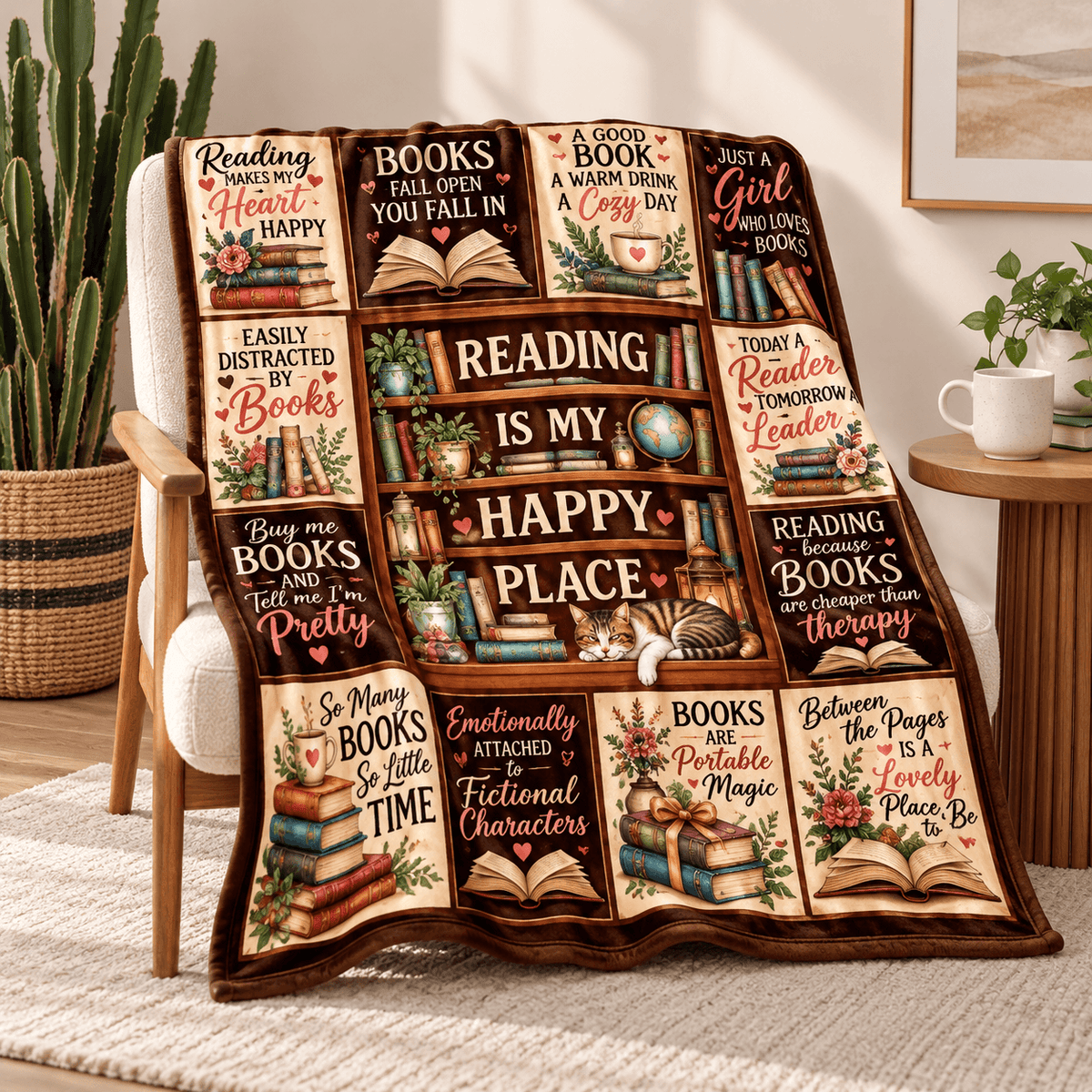 Reading Is My Happy Place Book Lover Blanket – Cozy Reading Gift for Women & Daughters – 50