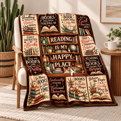 Reading Is My Happy Place Book Lover Blanket – Cozy Reading Gift for Women & Daughters – 50