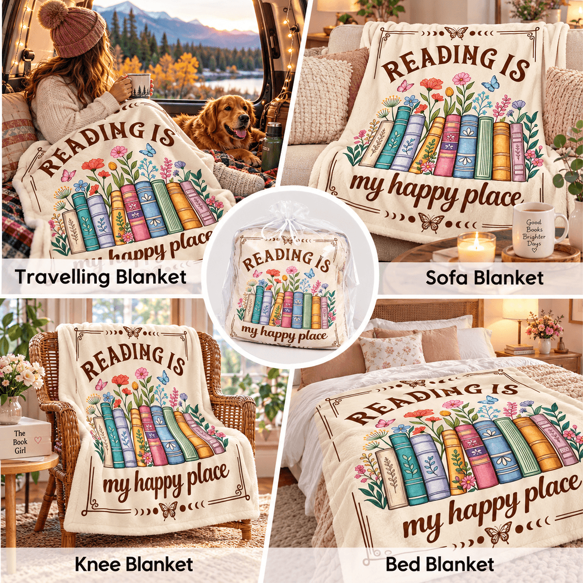 Reading Is My Happy Place Book Lover Blanket – Floral Reading Gift for Women & Daughters – 50"×60"