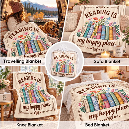 Reading Is My Happy Place Book Lover Blanket – Floral Reading Gift for Women & Daughters – 50"×60"