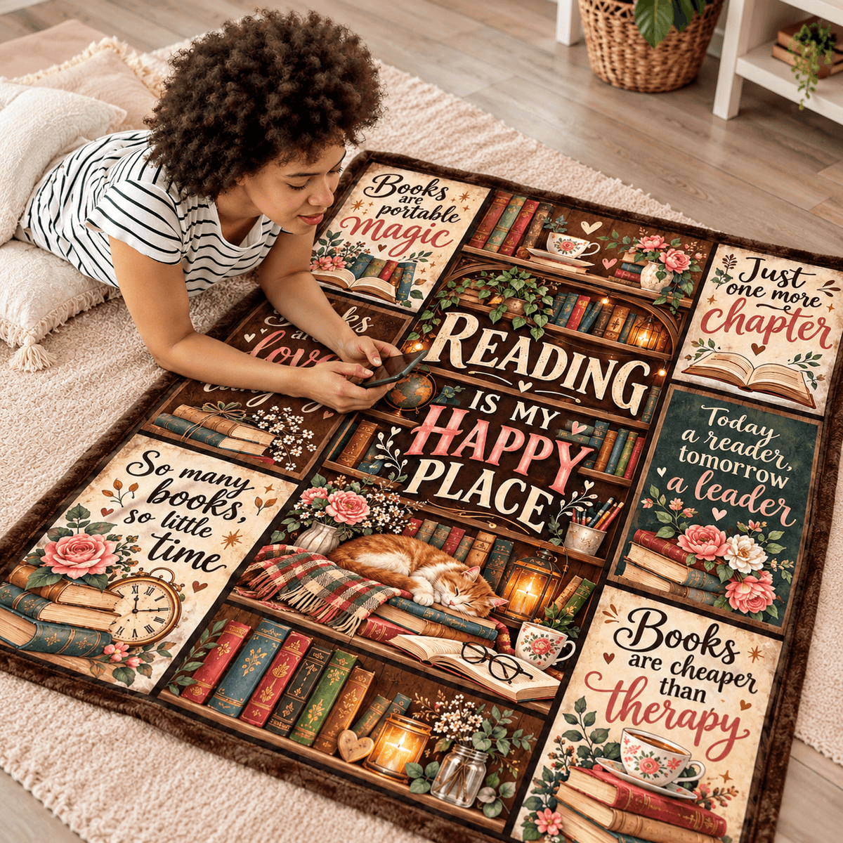 Reading Is My Happy Place Book Lover Blanket - Vintage Bookshelf Cozy Plush Fleece Gift – 50"×60"