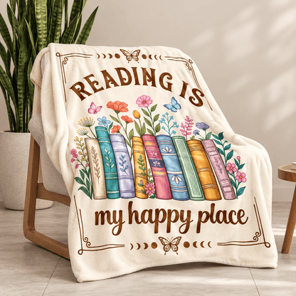 Reading Is My Happy Place Book Lover Blanket – Floral Reading Gift for Women & Daughters – 50"×60"