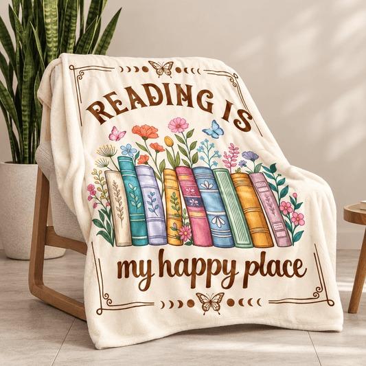 Reading Is My Happy Place Book Lover Blanket – Floral Reading Gift for Women & Daughters – 50"×60"