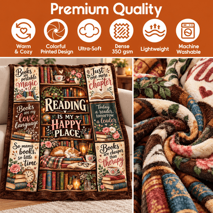 Reading Is My Happy Place Book Lover Blanket - Vintage Bookshelf Cozy Plush Fleece Gift – 50"×60"