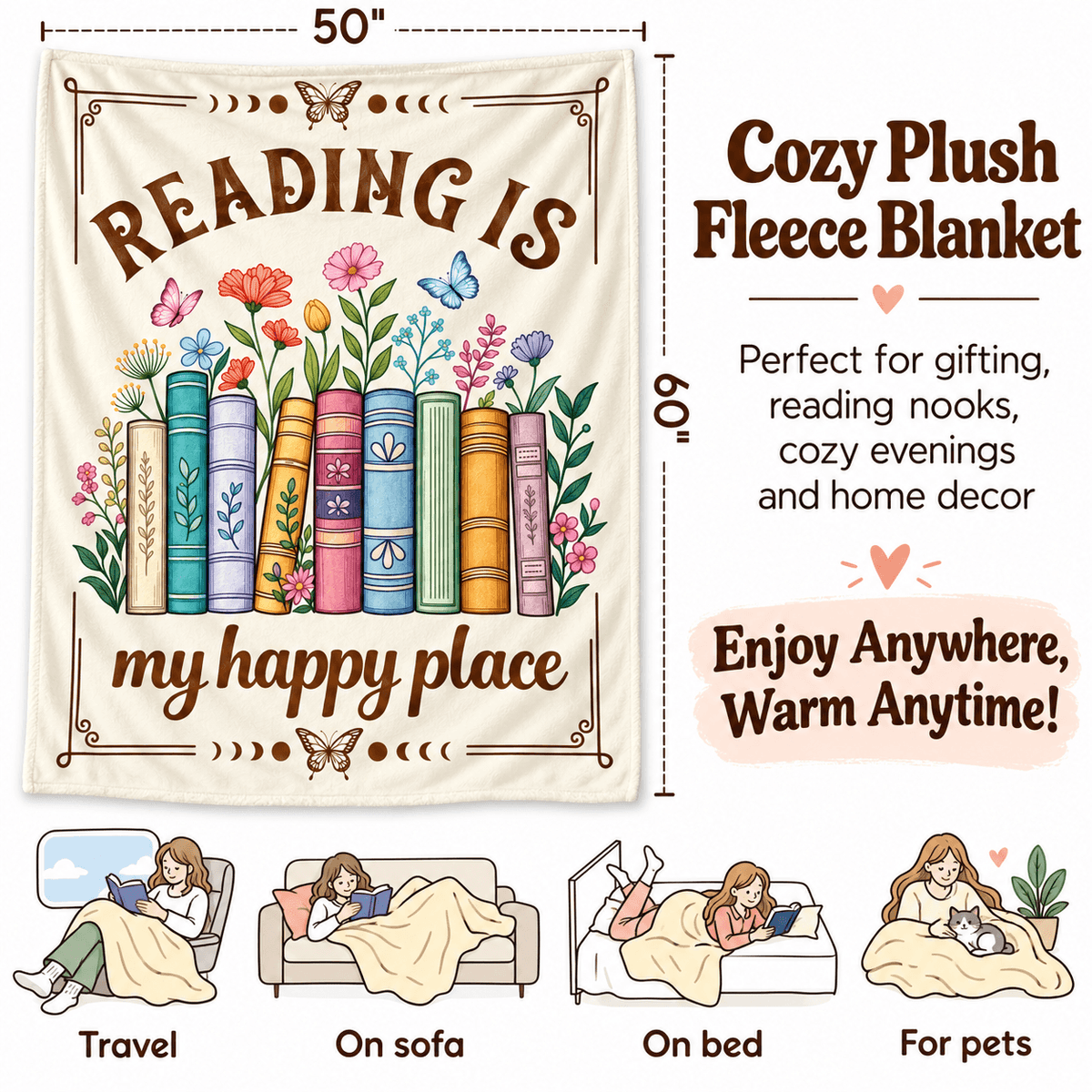 Reading Is My Happy Place Book Lover Blanket – Floral Reading Gift for Women & Daughters – 50"×60"