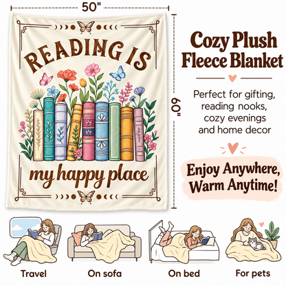 Reading Is My Happy Place Book Lover Blanket – Floral Reading Gift for Women & Daughters – 50"×60"