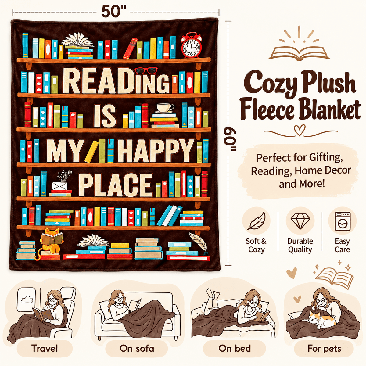 Reading Is My Happy Place Book Lover Blanket – Cozy Reading Gift for Women & Daughters –  50"×60"