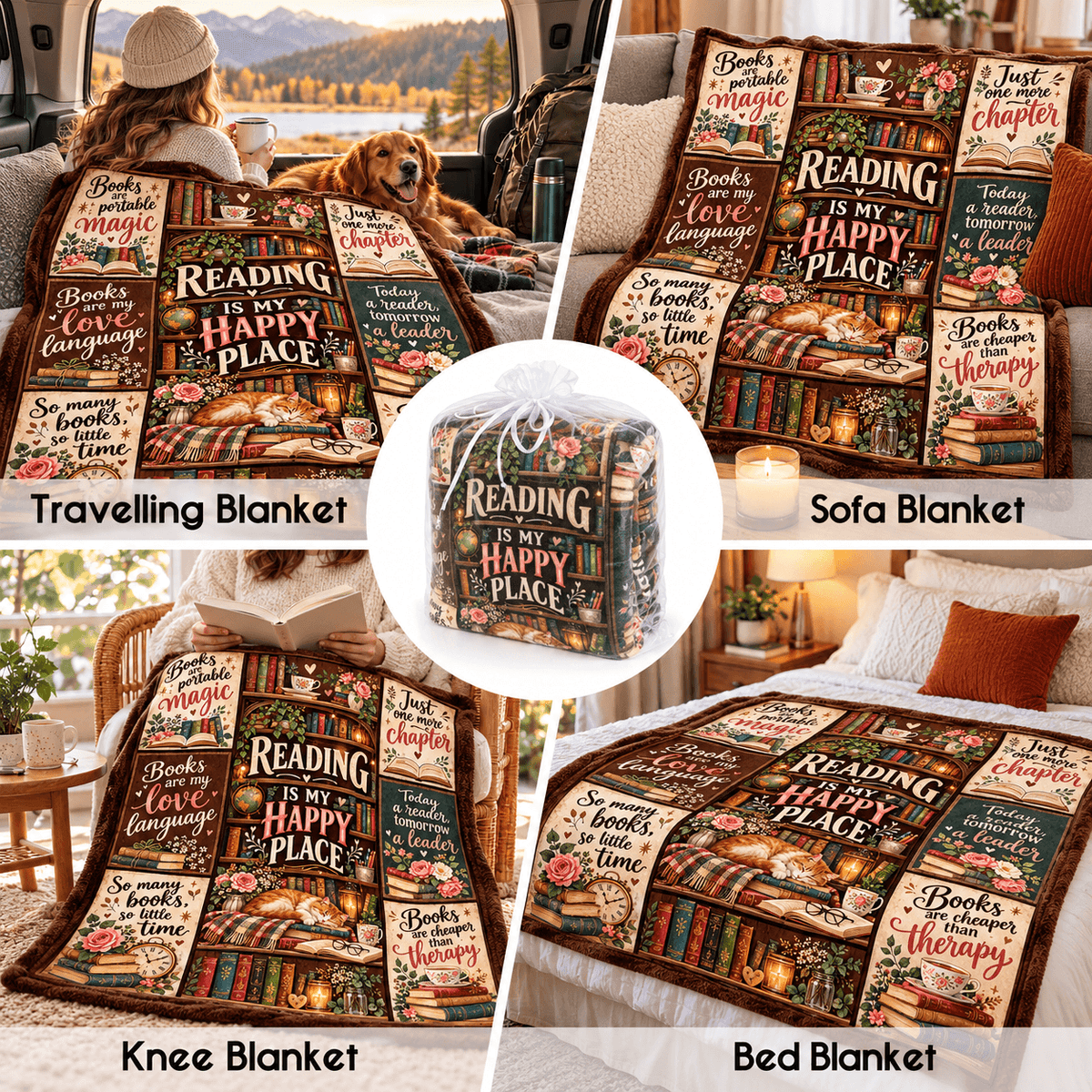 Reading Is My Happy Place Book Lover Blanket - Vintage Bookshelf Cozy Plush Fleece Gift – 50"×60"