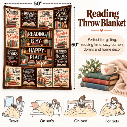 Reading Is My Happy Place Book Lover Blanket – Cozy Reading Gift for Women & Daughters – 50