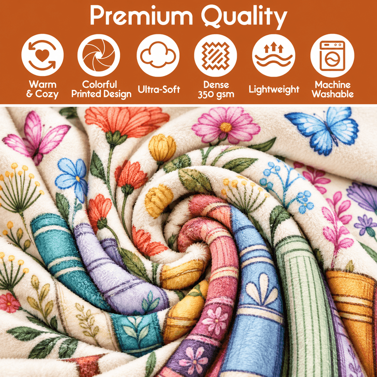 Reading Is My Happy Place Book Lover Blanket – Floral Reading Gift for Women & Daughters – 50"×60"