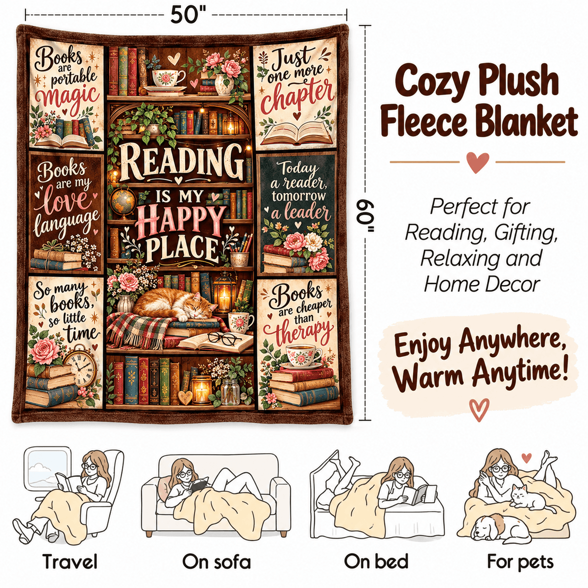 Reading Is My Happy Place Book Lover Blanket - Vintage Bookshelf Cozy Plush Fleece Gift – 50"×60"