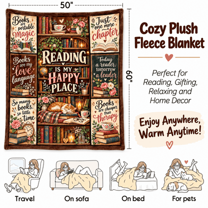 Reading Is My Happy Place Book Lover Blanket - Vintage Bookshelf Cozy Plush Fleece Gift – 50"×60"