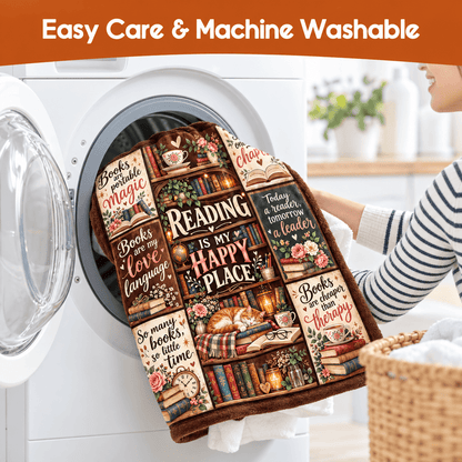 Reading Is My Happy Place Book Lover Blanket - Vintage Bookshelf Cozy Plush Fleece Gift – 50"×60"