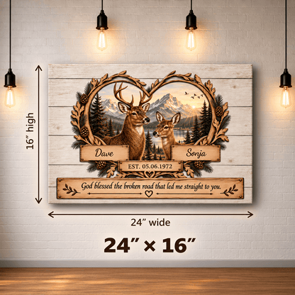 Personalized wooden wall art panel shown hanging on a white brick wall with hanging bulbs. The panel features a deer and fox illustration framed by leaves, mountain and lake scenery, and engraved-style text including names 'Dave' and 'Sonja' plus a memorial-style quote.