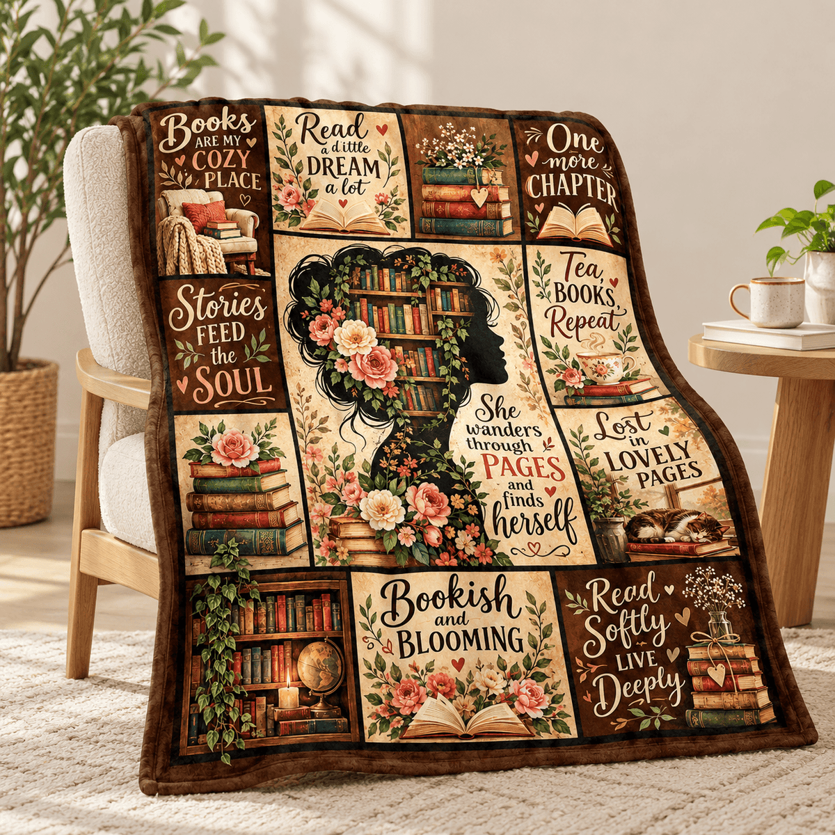 She Wanders Through Pages Book Lover Blanket 50"x60" – Vintage Floral Reading Gift for Women & Daughters