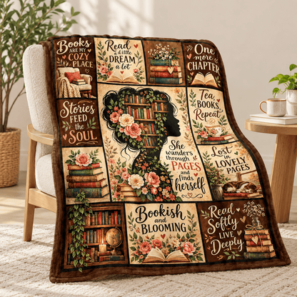 She Wanders Through Pages Book Lover Blanket 50"x60" – Vintage Floral Reading Gift for Women & Daughters