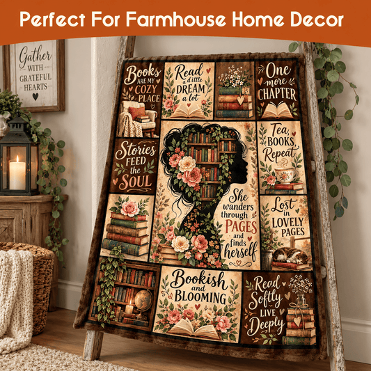 She Wanders Through Pages Book Lover Blanket 50"x60" – Vintage Floral Reading Gift for Women & Daughters