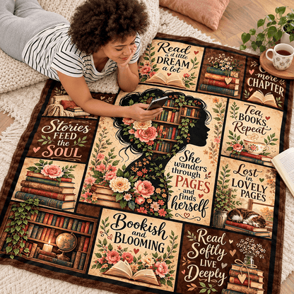 She Wanders Through Pages Book Lover Blanket 50"x60" – Vintage Floral Reading Gift for Women & Daughters