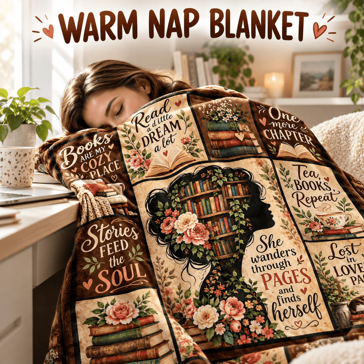 She Wanders Through Pages Book Lover Blanket 50"x60" – Vintage Floral Reading Gift for Women & Daughters