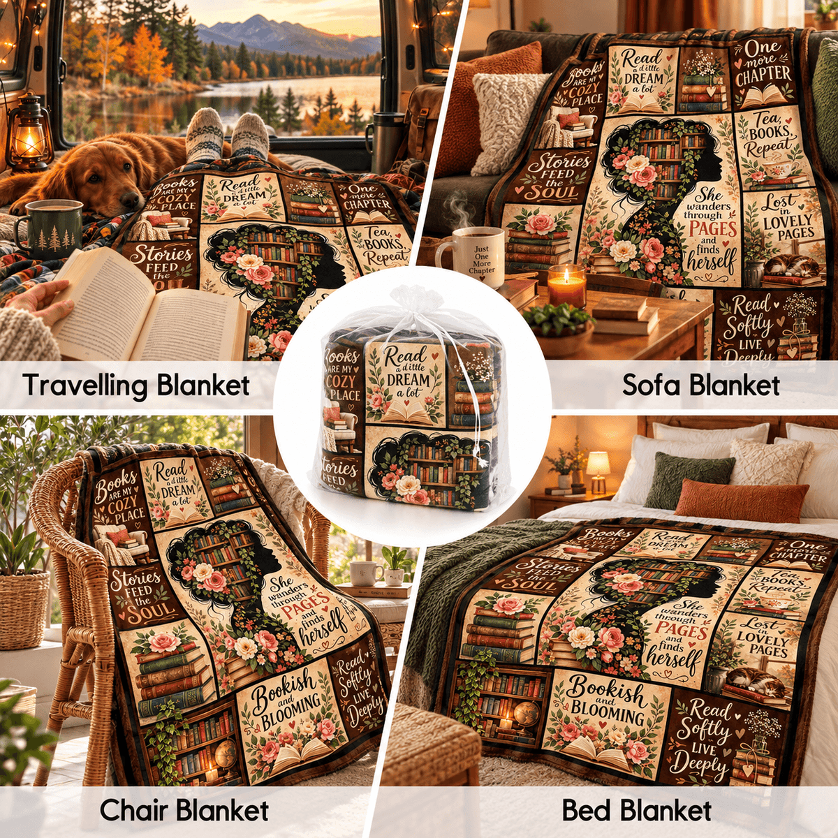 She Wanders Through Pages Book Lover Blanket 50"x60" – Vintage Floral Reading Gift for Women & Daughters